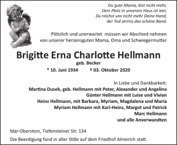 Traueranzeige von Brigitte Erna Charlotte Hellmann von WochenSpiegel