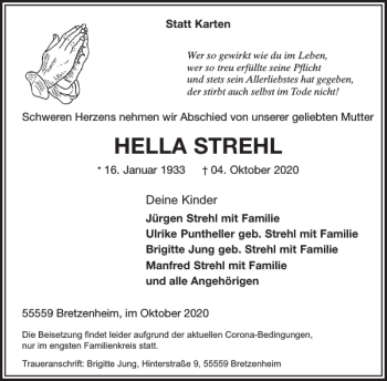 Traueranzeige von HELLA STREHL von WochenSpiegel