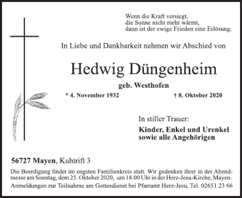 Traueranzeige von Hedwig Düngenheim von WochenSpiegel