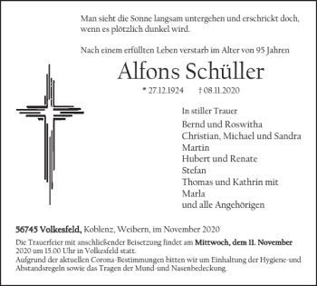 Traueranzeige von Alfons Schüller von WochenSpiegel