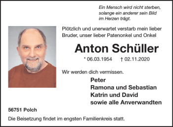 Traueranzeige von Anton Schüller von WochenSpiegel