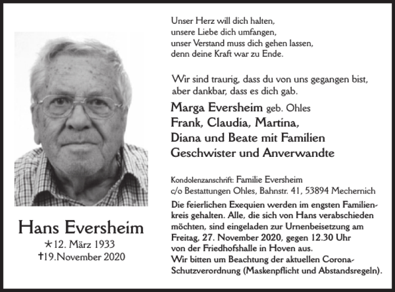  Traueranzeige für Hans Eversheim vom 25.11.2020 aus WochenSpiegel