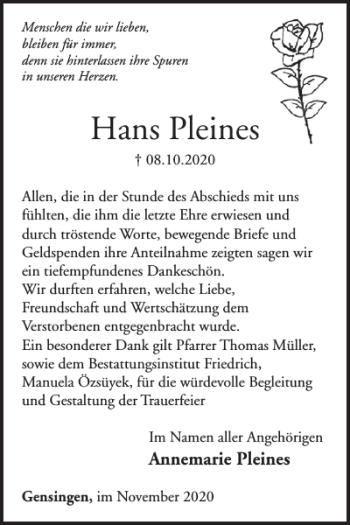 Traueranzeige von Hans Pleines von WochenSpiegel