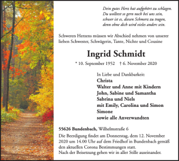 Traueranzeige von Ingrid Schmidt von WochenSpiegel