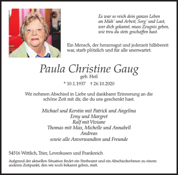 Traueranzeige von Paula Christine Gaug von WochenSpiegel