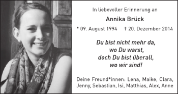 Traueranzeige von Annika Brück von WochenSpiegel