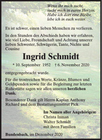 Traueranzeige von Ingrid Schmidt von WochenSpiegel