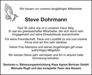 Traueranzeige von Steve Dohrmann von WochenSpiegel