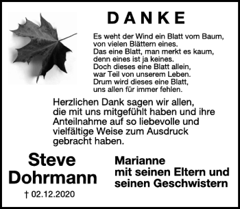 Traueranzeige von Steve Dohrmann von WochenSpiegel