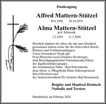 Traueranzeige von Alfred und Alma Mattern-Stützel von WochenSpiegel