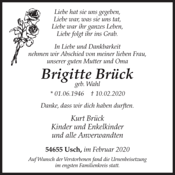 Traueranzeige von Brigitte Brück von WochenSpiegel