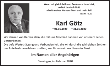 Traueranzeige von Karl Götz von WochenSpiegel