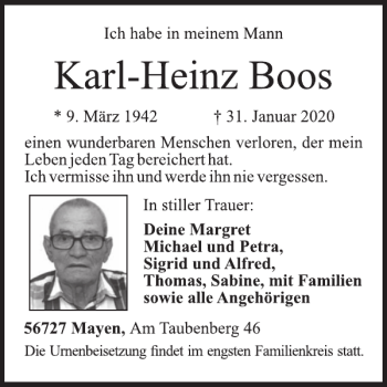 Traueranzeige von Karl-Heinz Boos von WochenSpiegel