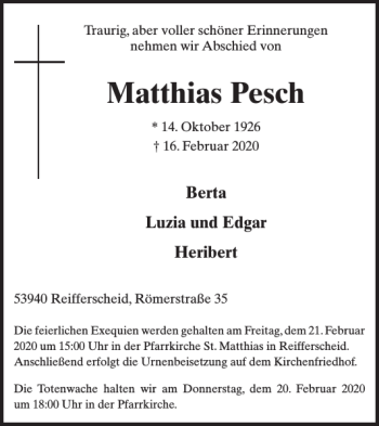 Traueranzeige von Matthias Pesch von WochenSpiegel