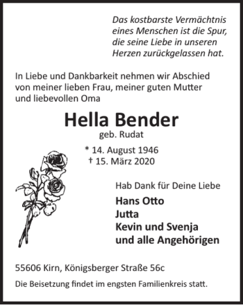 Traueranzeige von Hella Bender von WochenSpiegel