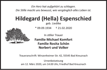 Traueranzeige von Hildegard Hella Espenschied von WochenSpiegel