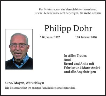 Traueranzeige von Philipp Dohr von WochenSpiegel