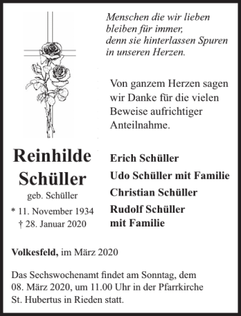 Traueranzeige von Reinhilde Schüller von WochenSpiegel