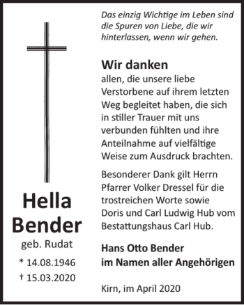 Traueranzeige von Hella Bender von WochenSpiegel