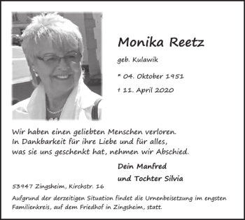 Traueranzeige von Monika Reetz von WochenSpiegel