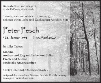 Traueranzeige von Peter Pesch von WochenSpiegel