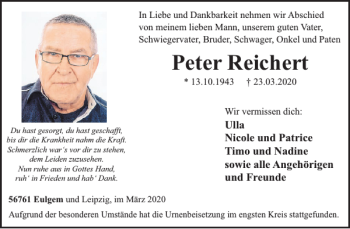 Traueranzeige von Peter Reichert von WochenSpiegel