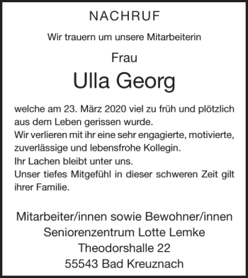 Traueranzeige von Ulla Georg von WochenSpiegel