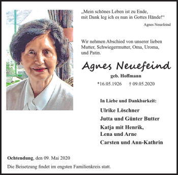 Traueranzeige von Agnes Neuefeind von WochenSpiegel