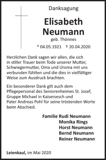 Traueranzeige von Elisabeth Neumann von WochenSpiegel