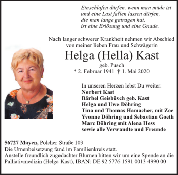 Traueranzeige von Helga (Hella) Kast von WochenSpiegel