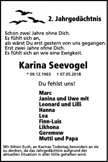 Traueranzeige von Karina Seevogel von WochenSpiegel