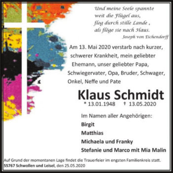 Traueranzeige von Klaus Schmidt von WochenSpiegel