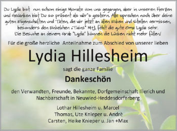 Traueranzeige von Lydia Hillesheim von WochenSpiegel