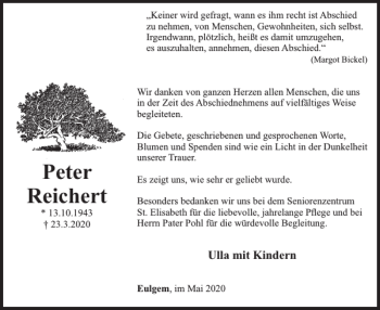 Traueranzeige von Peter Reichert von WochenSpiegel