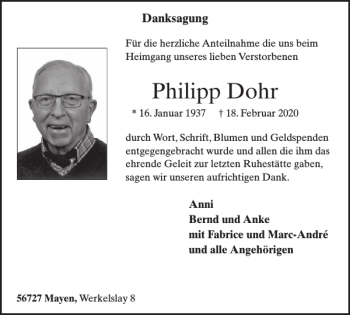 Traueranzeige von Philipp Dohr von WochenSpiegel