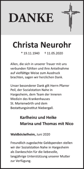 Traueranzeige von Christa Neurohr von WochenSpiegel