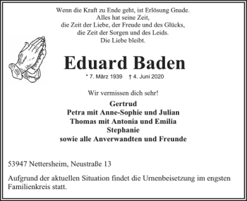 Traueranzeige von Eduard Baden von WochenSpiegel