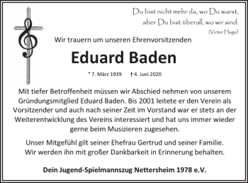 Traueranzeige von Eduard Baden von WochenSpiegel