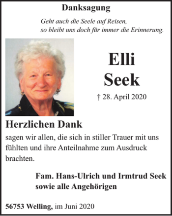 Traueranzeige von Elli Seek von WochenSpiegel