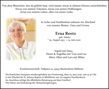 Traueranzeige von Erna Reetz von WochenSpiegel