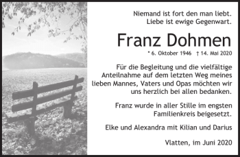 Traueranzeige von Franz Dohmen von WochenSpiegel