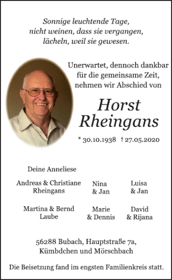 Traueranzeige von Horst Rheingans von WochenSpiegel