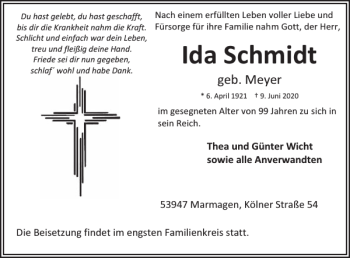 Traueranzeige von Ida Schmidt von WochenSpiegel