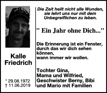 Traueranzeige von Kalle Friedrich von WochenSpiegel