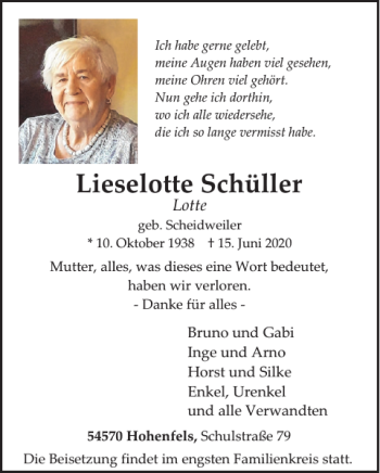 Traueranzeige von Lieselotte Schüller von WochenSpiegel