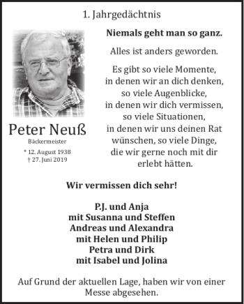 Traueranzeige von Peter Neuß von WochenSpiegel