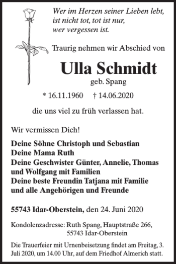 Traueranzeige von Ulla Schmidt von WochenSpiegel