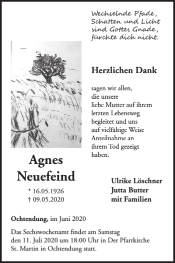 Traueranzeige von Agnes Neuefeind von WochenSpiegel