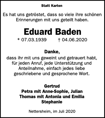 Traueranzeige von Eduard Baden von WochenSpiegel