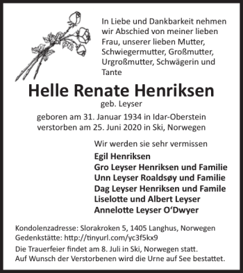 Traueranzeige von Helle Renate Henriksen von WochenSpiegel